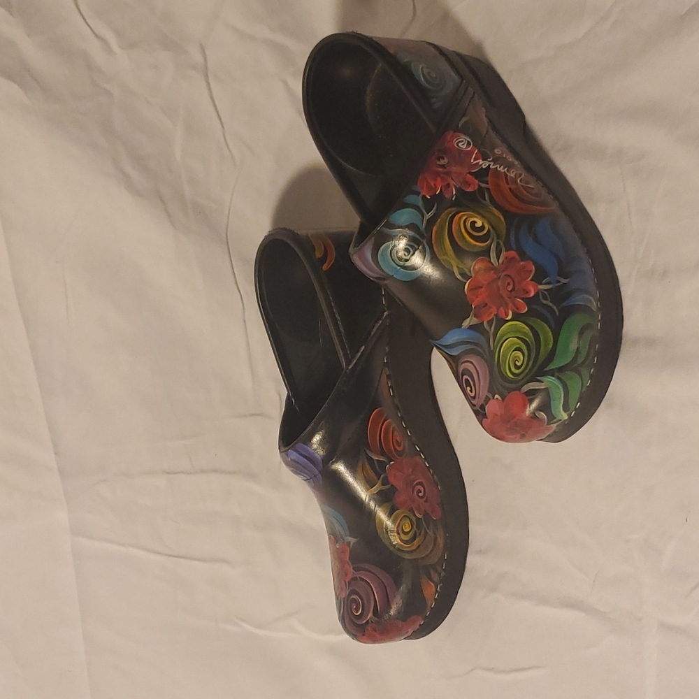 Dansko Hand Painted Clog Black Leather Floral Flowers